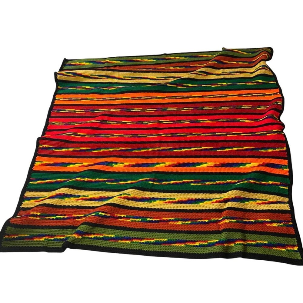Handmade Multicolored Striped Crochet Blanket Southwest 57"x 57"